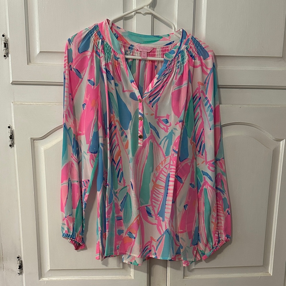 Lilly Pulitzer Elsa Pink and Blue Patterned Blouse